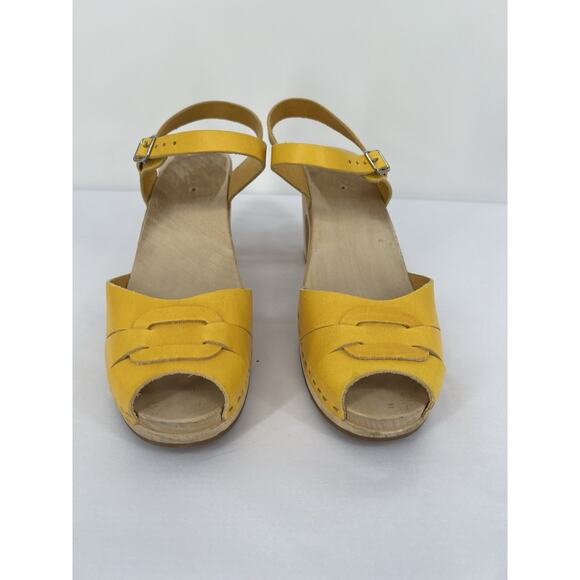 Swedish Hasbeens Yellow Wooden Clog Sandal Peep Toe Size 41 US 11 - Picture 7 of 14